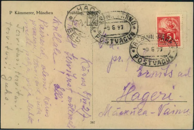 Estland; 5 M. Freim. 1922 auf Postkarte mit Bahnpost-Ovalstempel nach Hageri