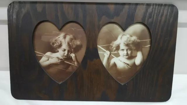 Antique Cupid Awake Cupid Asleep Double Heart Wood Frame M B Parkinson Prints