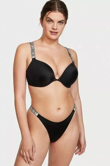 VICTORIA SECRET BOMBSHELL luxe shiny Black Strappy Bikini Top 34A thick  padding! £35.55 - PicClick UK