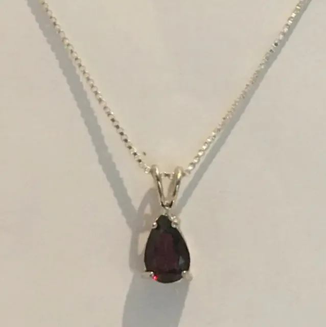 18” Italy Sterling Silver Amethyst Tear Drop Pendant Box Link Chain Necklace