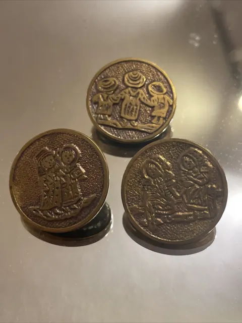 3 Antique KATE GREENAWAY Vintage Metal Buttons Children Playing 3/4”