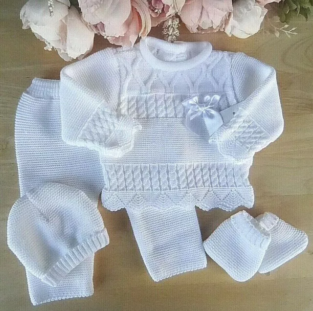 Portuguese Baby Boy Girl 4 Pc Knitted Set White Bow Top Bottoms Hat Booties 0-3m