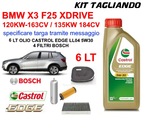 Kit Tagliando Bmw X3 F25 2.0D 120Kw 135Kw 6 Lt Olio Castrol Ll04-4 Filtri Bosch