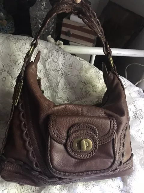 BRIGHTON LOCKHEART Romantic Vintage Pocket Tote LG. Brown Leather Shoulder Bag