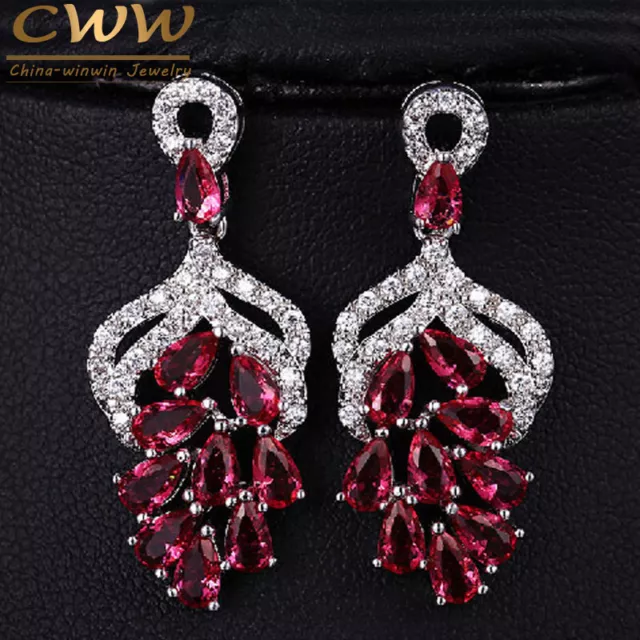 Micro Pave Red Cubic Zirconia Big Dangle Chandelier Flower Earrings for Wedding