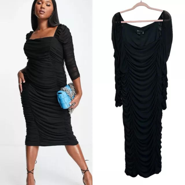 ASOS DESIGN Curve Ruched Midi Dress In Black Women's Size 20 Long Sleeve Mesh