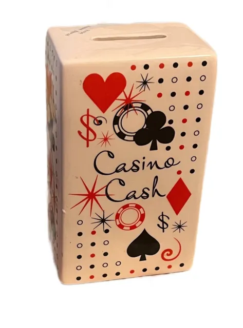 Casino Cash Porcelain Still Bank. Vintage Playing Cards Motif 5” X  2” X  3” VTG