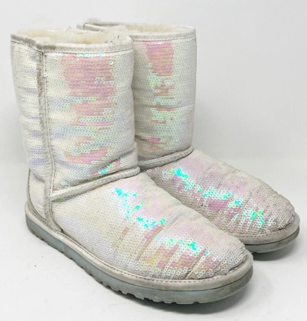 UGG Australia Women's Mid Calf Boots Sequins White Iridescent "I Do" Size 93.