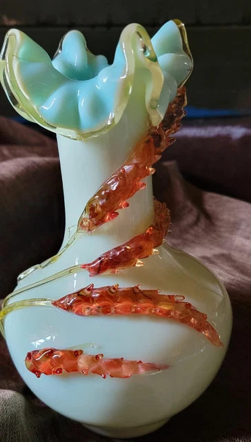 Hand-blown Light Blue Inside Creamy Whitsh Blue Base Ruffled Top Art Glass