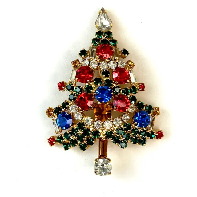 1960s Multicolor Prong Rhinestone Christmas Tree Pin, Vintage OTC 2.5" H