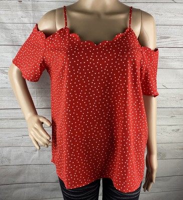 NWT Monteau Los Angeles Blouse XL Red White Polka Dot Cold Shoulder Scalloped