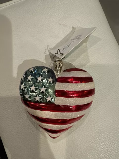 CHRISTOPHER RADKO AMERICAN FLAG BRAVE HEART CHRISTMAS ORNAMENT  W/ Tags