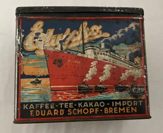 Alte Eduscho Blechdose 1930-60 bunt Werbung Kaffee 12x12x9cm Schiff Bremen Deko