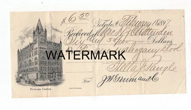 1897 Sales Receipt Pythian Castle Toledo Ohio NRHP Antique Ephemera Letterhead