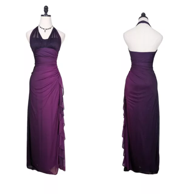 VINTAGE PROM DRESS Maxi Gown Ombre Ruffle Y2K 90s Halter Formal Purple ...