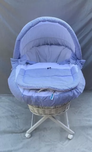 Large Romany Style Baby Boys Blue White Wicker Moses Basket Stand on Wheels Crib