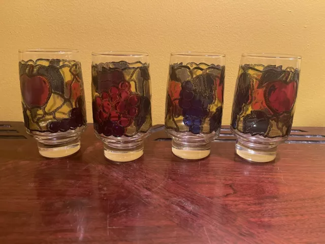 4 Libbey Fruit Stained Glass Drinking Glasses 
