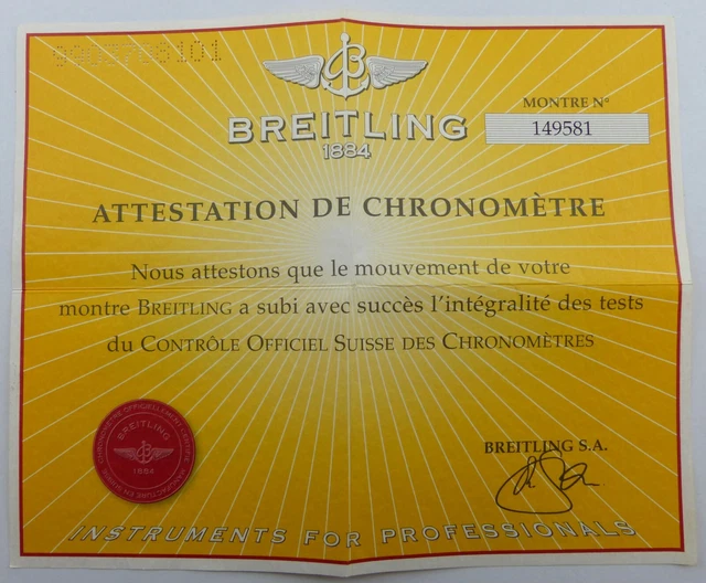 Certificat Chronomètre Breitling Vintage - Document Papier, Condition T4, Occasion