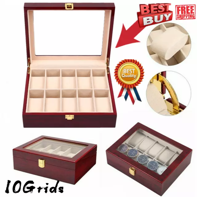 10Grids Glass Wooden Watch Jewelry Display Case Collection Storage Holder Box AU