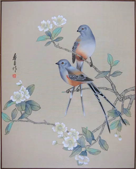 Vintage Chinese Painting, VTG Asian Oriental Watercolor, Pair of Beautiful Birds 2