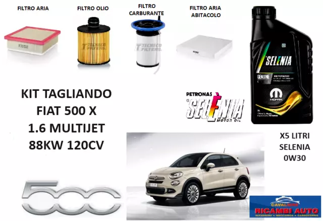 Kit Tagliando Filtri +Selenia 0w30 per Fiat 500X 1.6 Multijet 88kw 120cvFiat