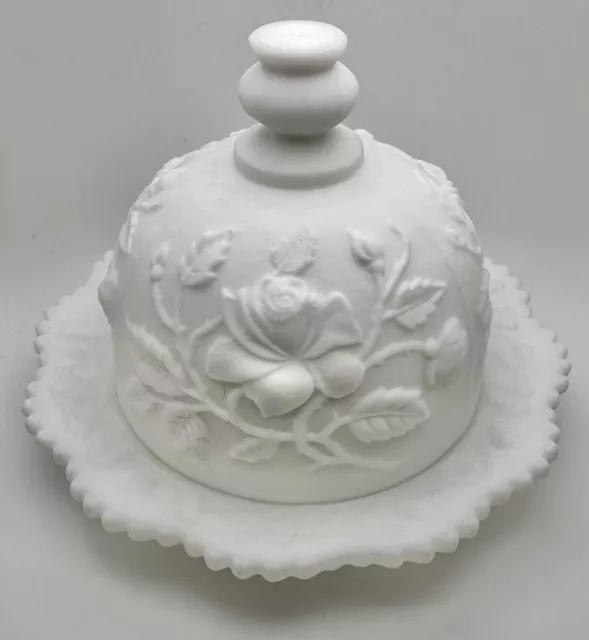 Vintage Imperial Glass Satin Milk Glass Rose Dome Lidded Butter Cheese Dish