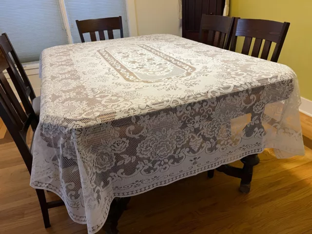 VINTAGE Tablecloth - Rectangular Cream Machine Floral Crochet Lace 84" X 60" NEW