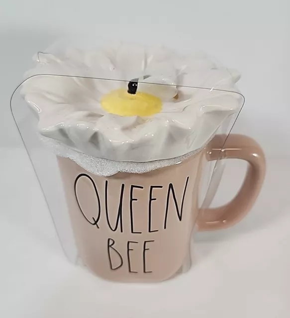 Rae Dunn QUEEN BEE Pink Mug with Bee On Daisy Flower Ceramic Topper #213