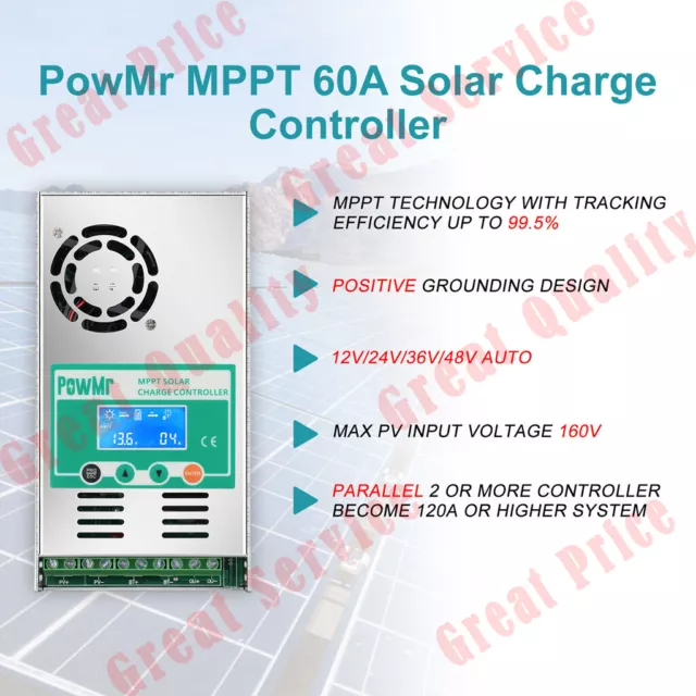 Contrôleur de charge solaire MPPT 60A 12V 24V 36V 48V Auto régulateur de panneau 2