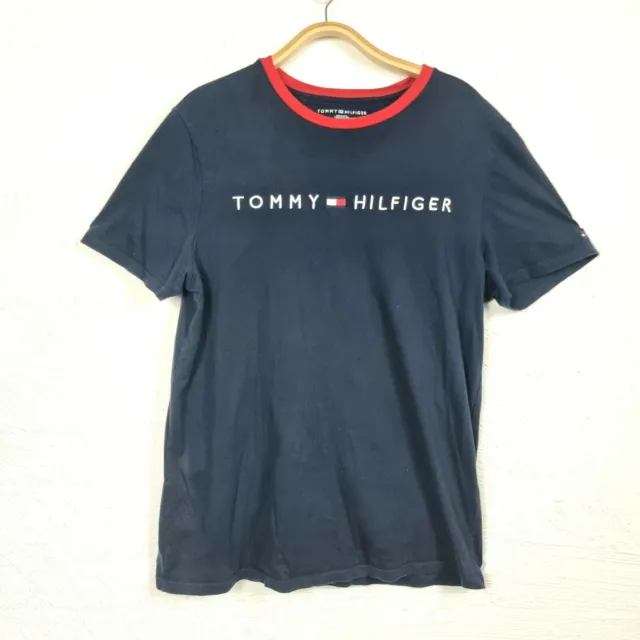 TOMMY HILFIGER Mens T-Shirt Size M Navy Blue/Red Stretch Knit Short Sleeve