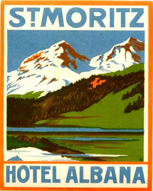 Hotel Albana ~ST. MORITZ - SWITZERLAND~ Beautiful / Colorful Luggage Label, 1940