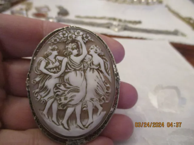 Antique/Vintage sterling silver filigree 3 Graces ladies Cameo Brooch/pin