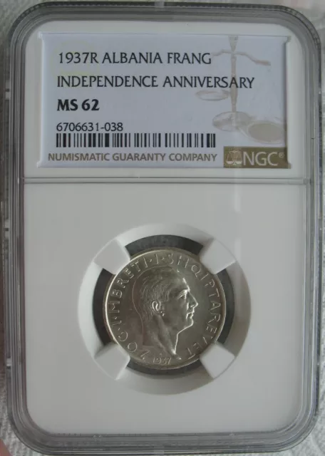 1937-R Albania Silver 1 Frang NGC MS-62 INDEPENDENCE ANNIVERSARY