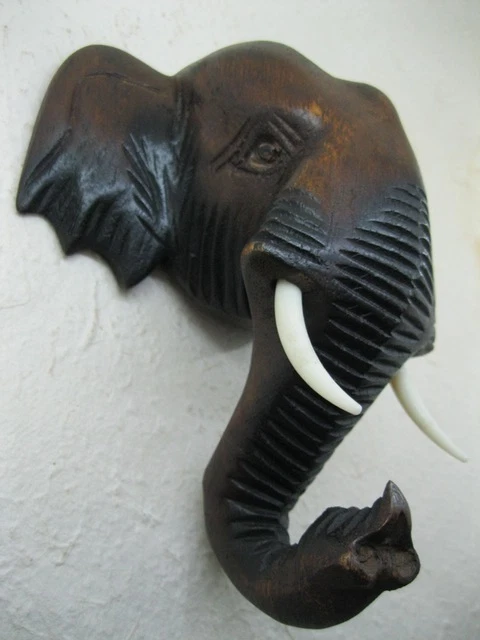 6" WOODEN THAI ELEPHANT’S HEAD Wood Carved Hanging Wall Home Decor Collectible