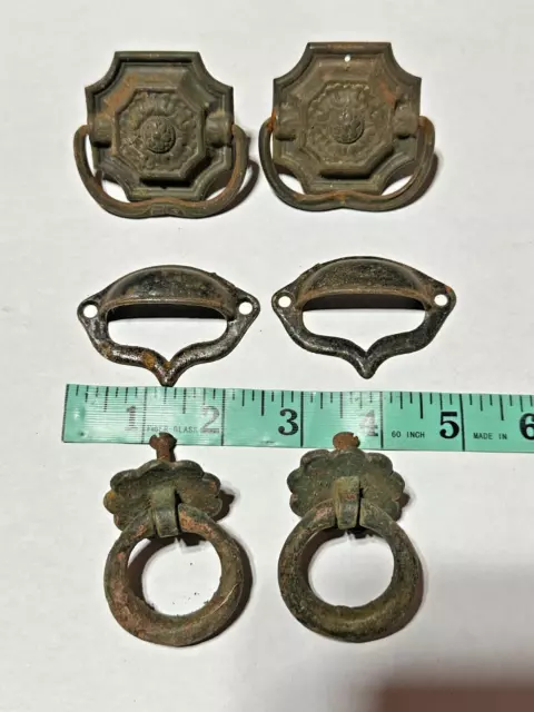 3 Pairs Antique Vintage Brass Metal Drawer Pulls Knobs Ornate Hardware