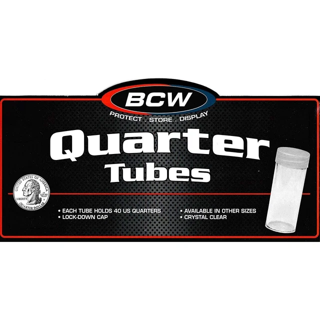 50 BCW Quarter Coin Tubes 24mm Screw Cap Clear Plastic Each Tube Hold 40 Coins