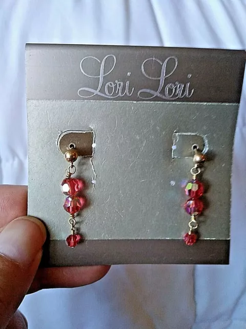 Lori Lori 14kt Gold Filled Dangle Earrings 3 Rose Pink Crystals #123