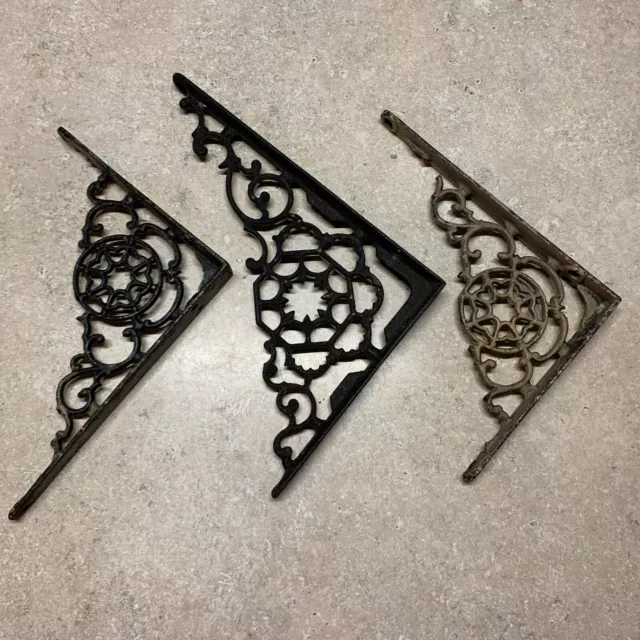 3 Antique Victorian Cast Iron Shelf Brackets-Ornate-8”x 6” & 9”x 7”