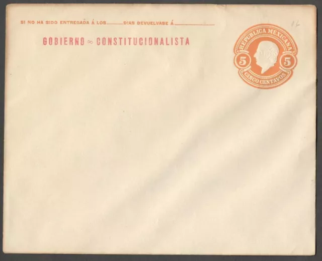 AOP Mexico 1914-16 Revolution 5c orange envelope Caranza overprint HG #I1B16d