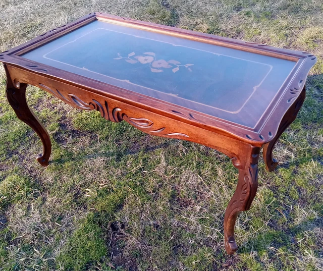 Carved Mahogany Inlaid Top Coffee Table with Glass Serving Tray  (RP)  (CT350)