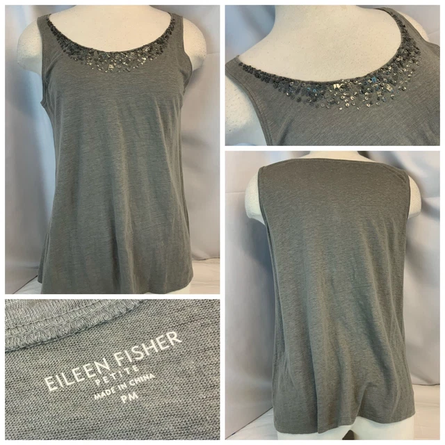 Eileen Fisher Tank Top Bluse P M Grau Rundhals Bejeweled Leinen Ygi B1-65