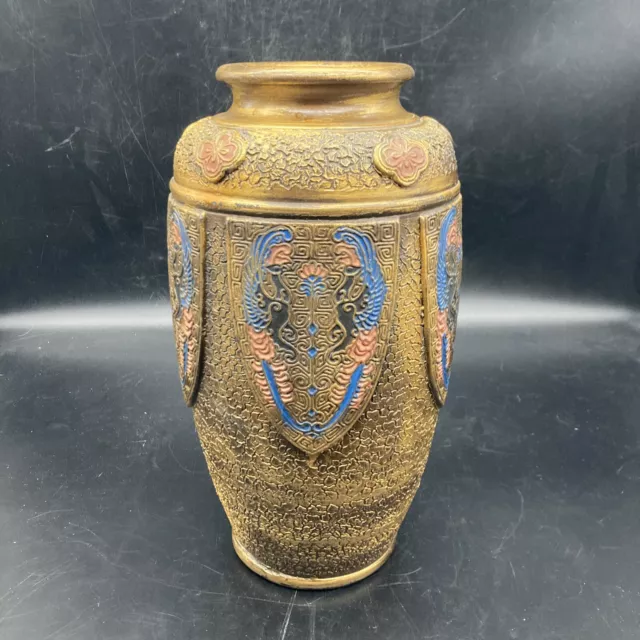 VTG Art Deco Tokanabe pottery Japan vase phoenix bird shields