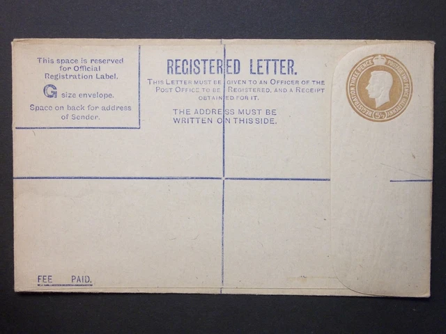 GB Postal Stationery 1941 KGVI 51/2d brown Registered Envelope size G H&B RP54