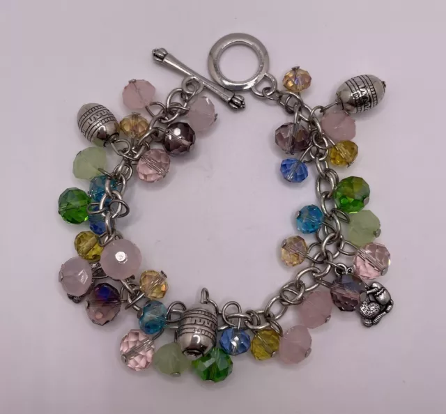 Silver Tone Easter Charm Bracelet Bunnies, Eggs, Faceted Pastel Color Beads