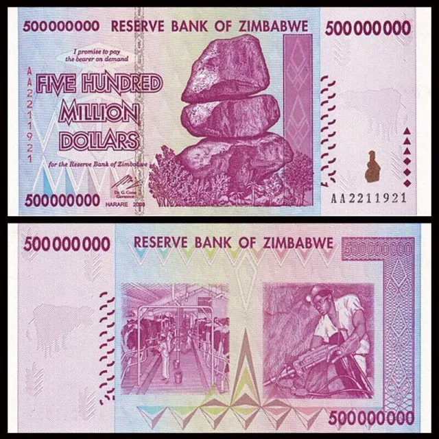 Zimbabwe 500 Million Dollars Banknote UNC AA/AB+ 2008 100 Trillion Series P-82