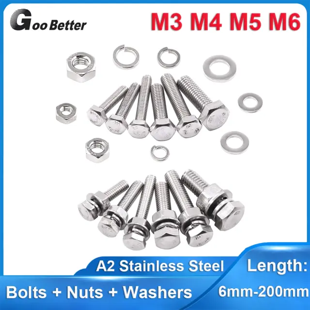 M3-M6 Hex Bolts Fully Threaded Set Screws + Washers + Nuts A2 Stainless Steel