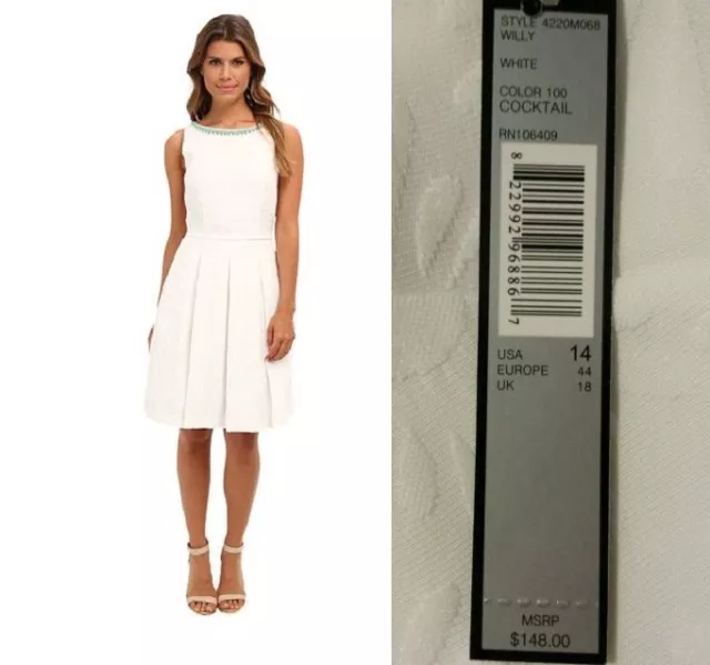 TAHARI ASL $148 NEW White Textured Beaded Fit & Flare Cocktail Dress 14 QCO