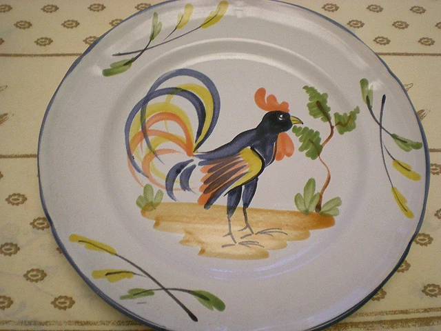 Ancienne Assiette Decor Coq Ceramique  Polychrome Signee