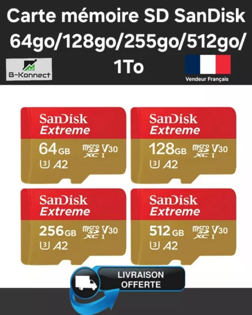 Carte Mémoire Micro SD 64, 128, 256, 512 Go 1 To + Adaptateur Haute Capacité