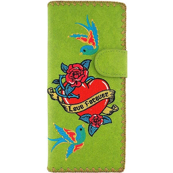 *SALE* New LAVISHY Wallet TATTOO LOVE BIRDS Green Bluebird Red Heart Roses
